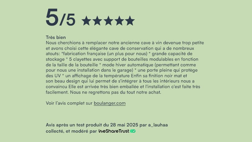 Avis testeur 5 étoiles sur 5 pour la cave à vin Goguette grand modèle porte pleine sur WeShareTrust