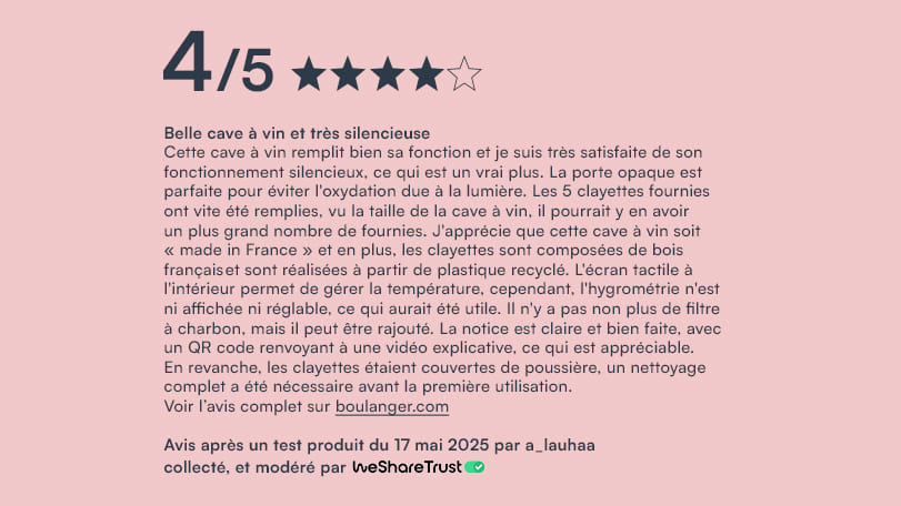 Avis testeur 4 étoiles sur 5 pour la cave à vin Goguette grand modèle porte pleine sur WeShareTrust